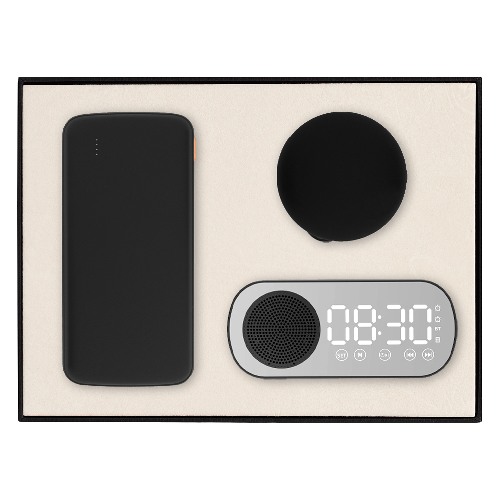 Набор подарочный Solution Prestige Trio ( внешний аккумулятор «Universal», беспроводная колонка с часами, кабель многофункциональный)