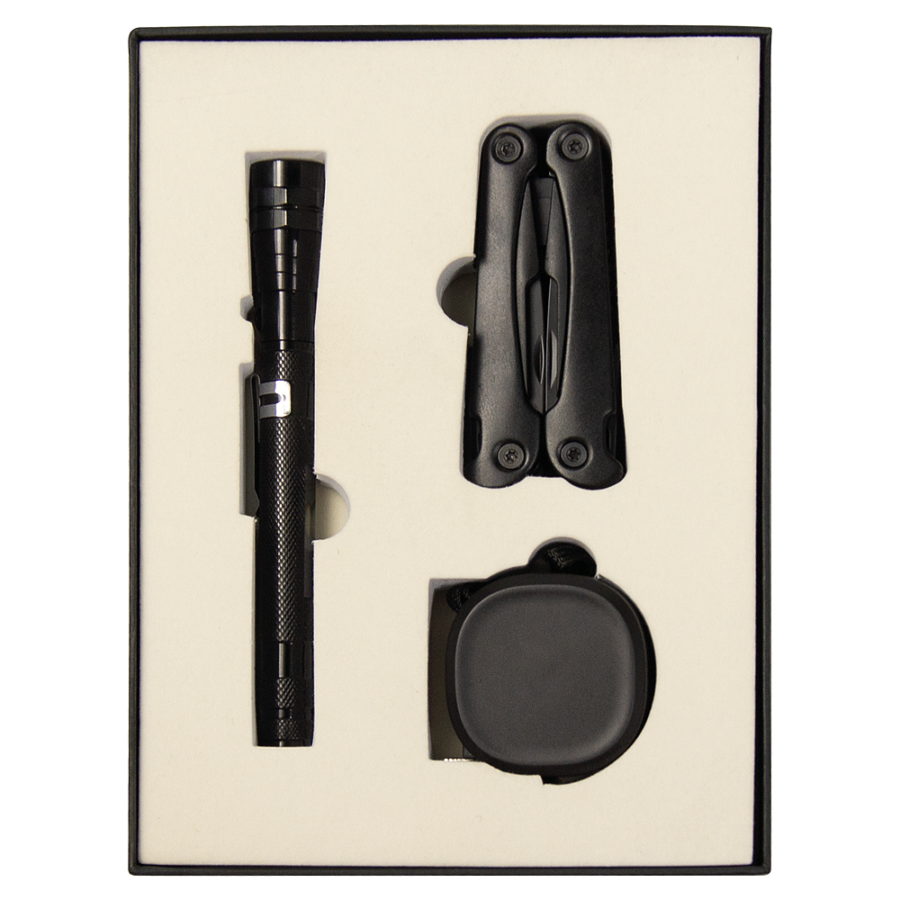 Набор подарочный Solution Superior Trio (Фонарь телескопический Tools Flashlight, рулетка Tools Trecker 3 метра, мультитул Tools Hardwork), черный