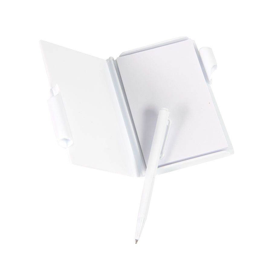 Блокнот для записей с авторучкой; белый; 10,5х7,9х1,1 см; пластик