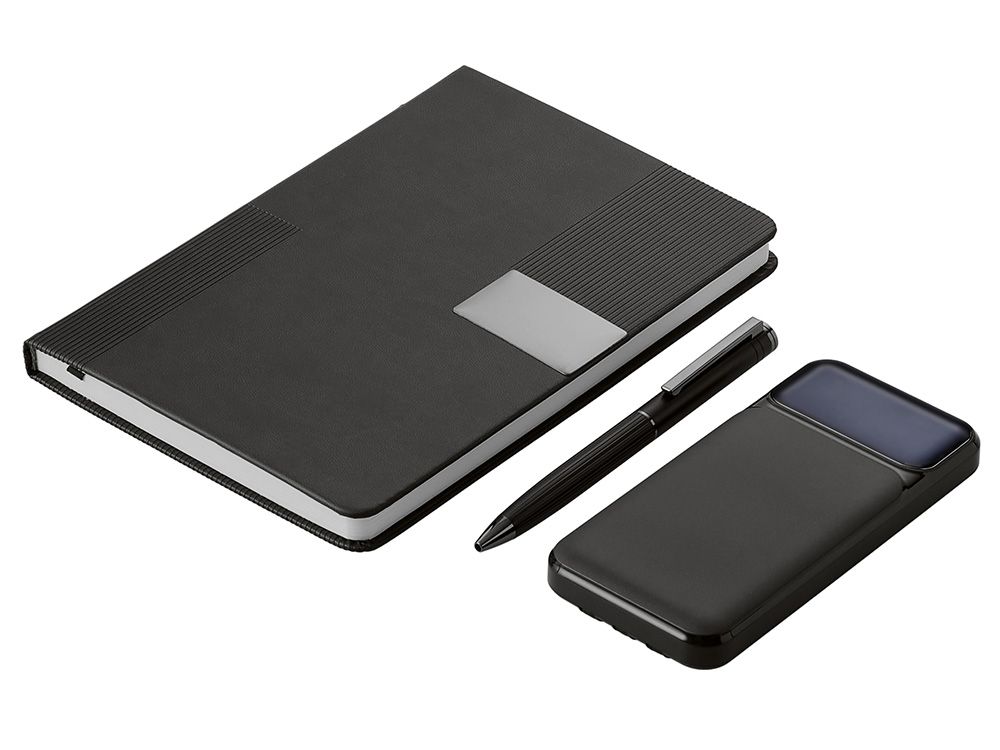 Подарочный набор "Tesla" с блокнотом А5, ручкой и пауэрбенком на 10 000 mAh, черный