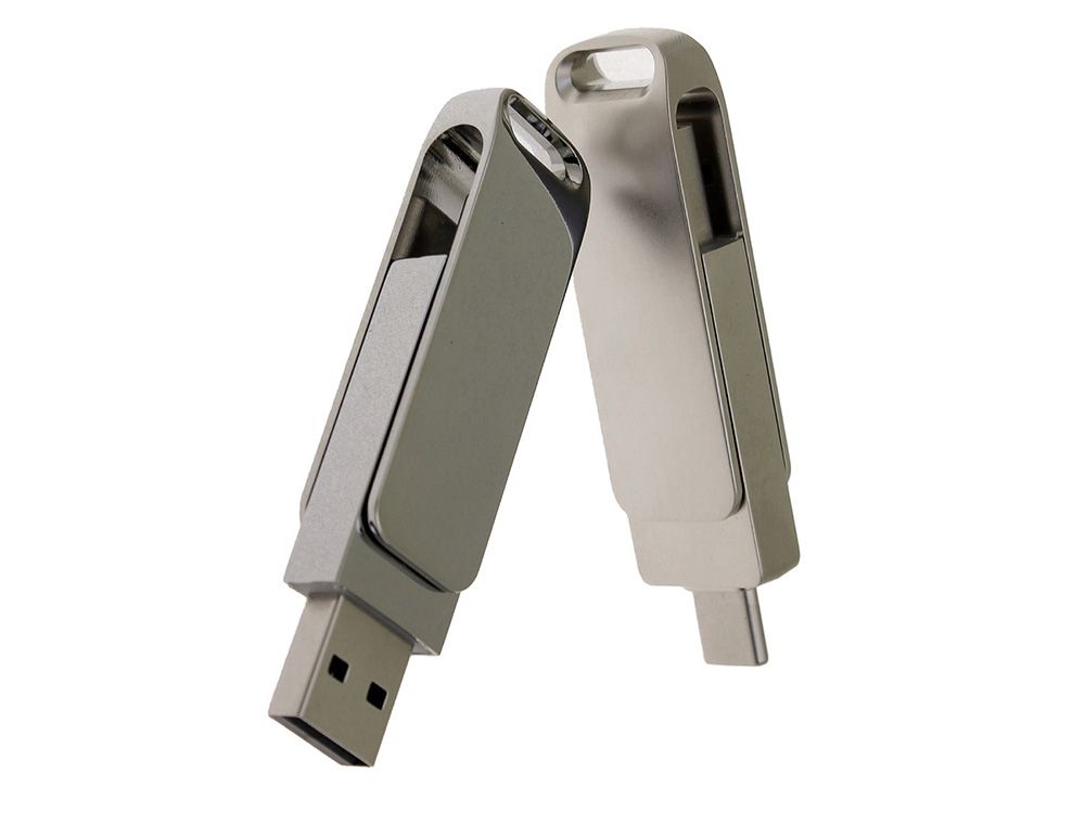 USB 2.0- флешка на 16 Гб поворотный механизм 2 в 1, c дополнительным разъемом Type-C с одноцветным металлическим клипом, серый