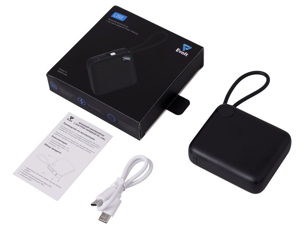 Внешний аккумулятор со встроенным кабелем «Liri», QC/PD, 10000 мАч