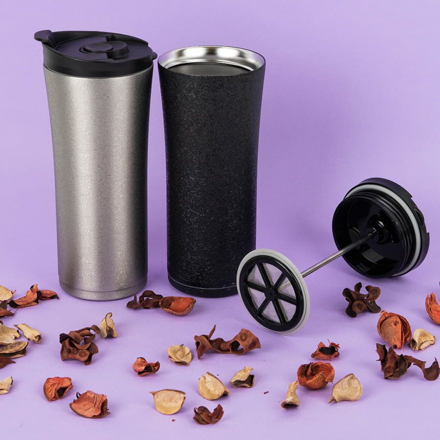 Термокружка вакуумная с ситечком "Brew";  380 мл;  серебристый металлик; металл/пластик