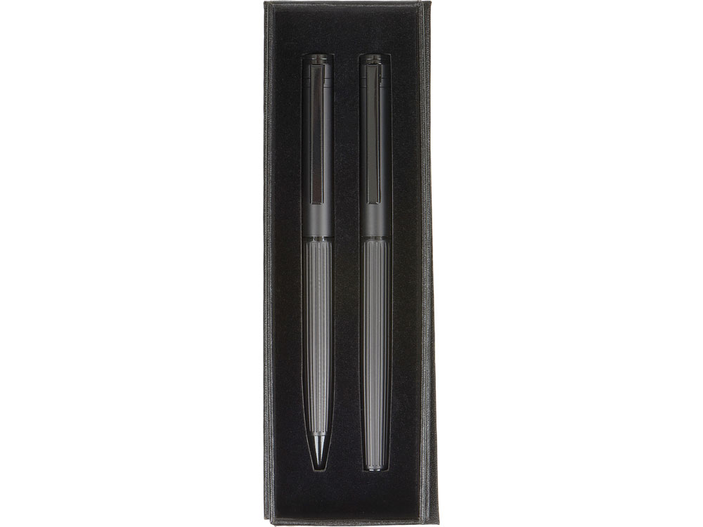 Набор из шариковой ручки и ручки-роллера с анодированным зеркальным слоем в подарочной коробке "Monarch Black", черный