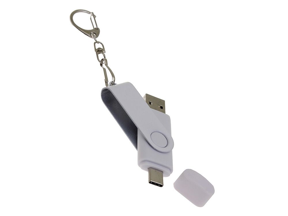 USB-флешка на 16 Гб 2 в 1 поворотный механизм, c дополнительным разъемом Type-C с одноцветным металлическим клипом, белый