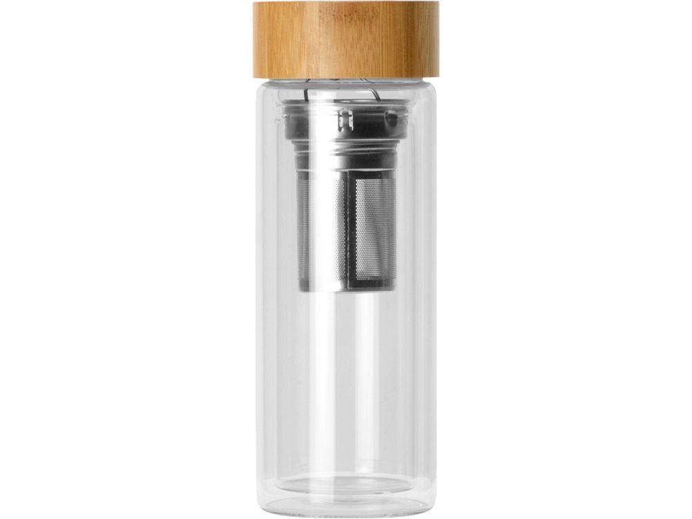 Стеклянный термос из стекла с двойными стенками и ситечком 320 мл "Badachu" в чехле, прозрачный