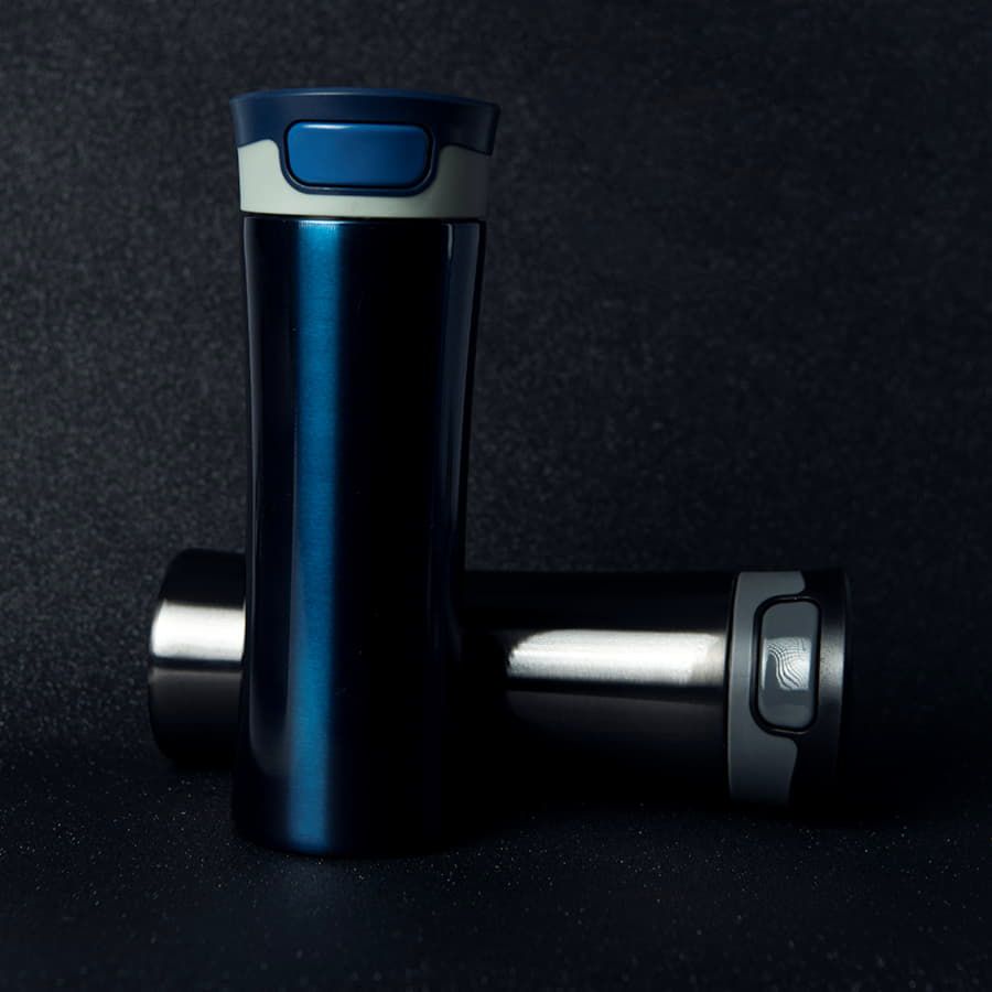 Термокружка дорожная  вакуумная DISCOVER; 450 мл; серый,  пластик, металл; лазерная гравировка