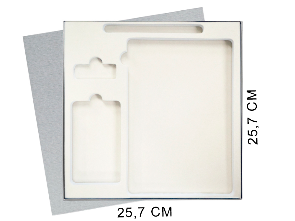 Коробка подарочная Solution Superior Linen, серебро, 25,7x25,7, с вырубкой под ежедневник/ручку/флешку/пауэрбанк 7,0х11,7