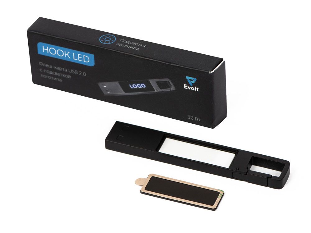 USB 2.0- флешка на 32 Гб c подсветкой логотипа «Hook LED», темно-серый, синяя подсветка
