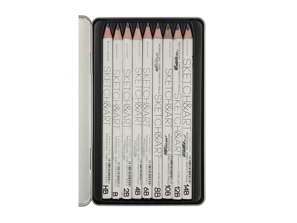 Набор чернографитовых карандашей  "Sketch & Art"  утолщенные,9 шт. hb-14b,  металлическая коробка с ложементом
