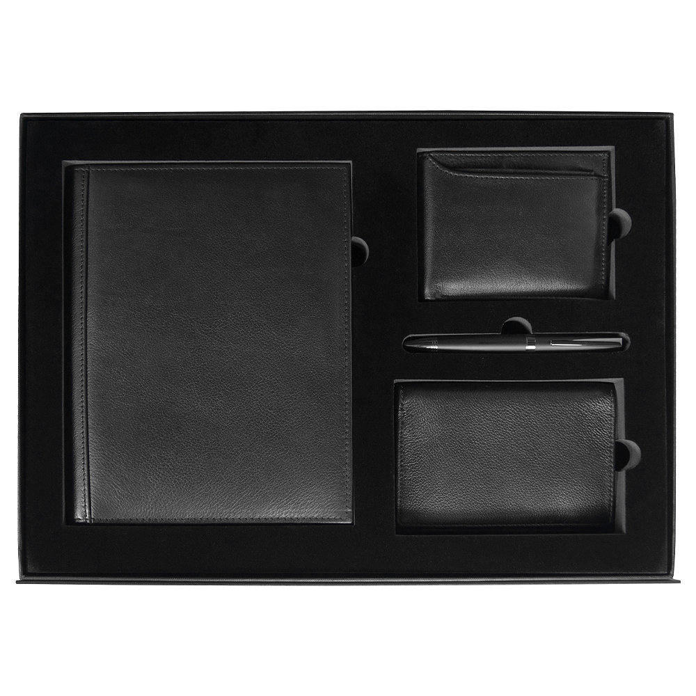 Набор подарочный Solution Prestige Quardo  (суперобложка из натуральной кожи, обложка для паспорта, ручка шариковая, кошелек с картхолдером), черный
