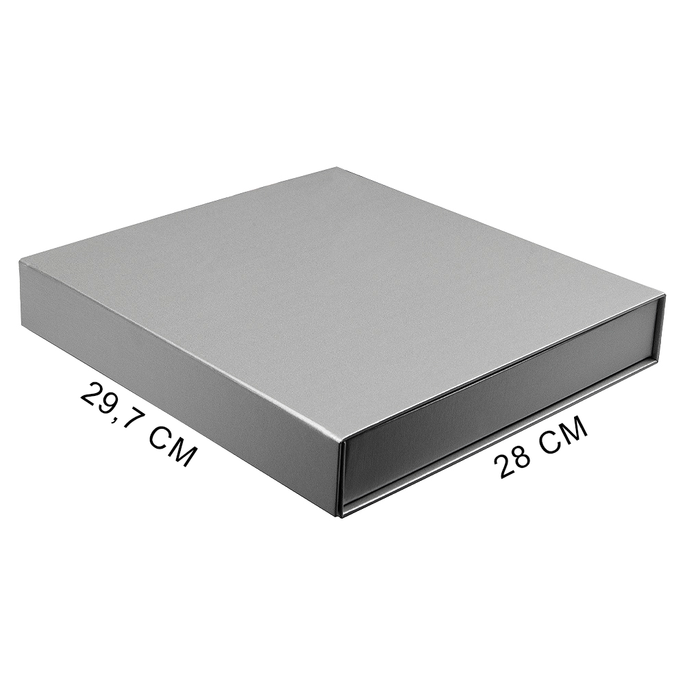 Подарочная коробка, размер 29,7*28,0*4,5 см, Solution Prestige Magnum Linen с магнитным клапаном под индивидуальную вырубку, серебристая, с бежевым ложементом