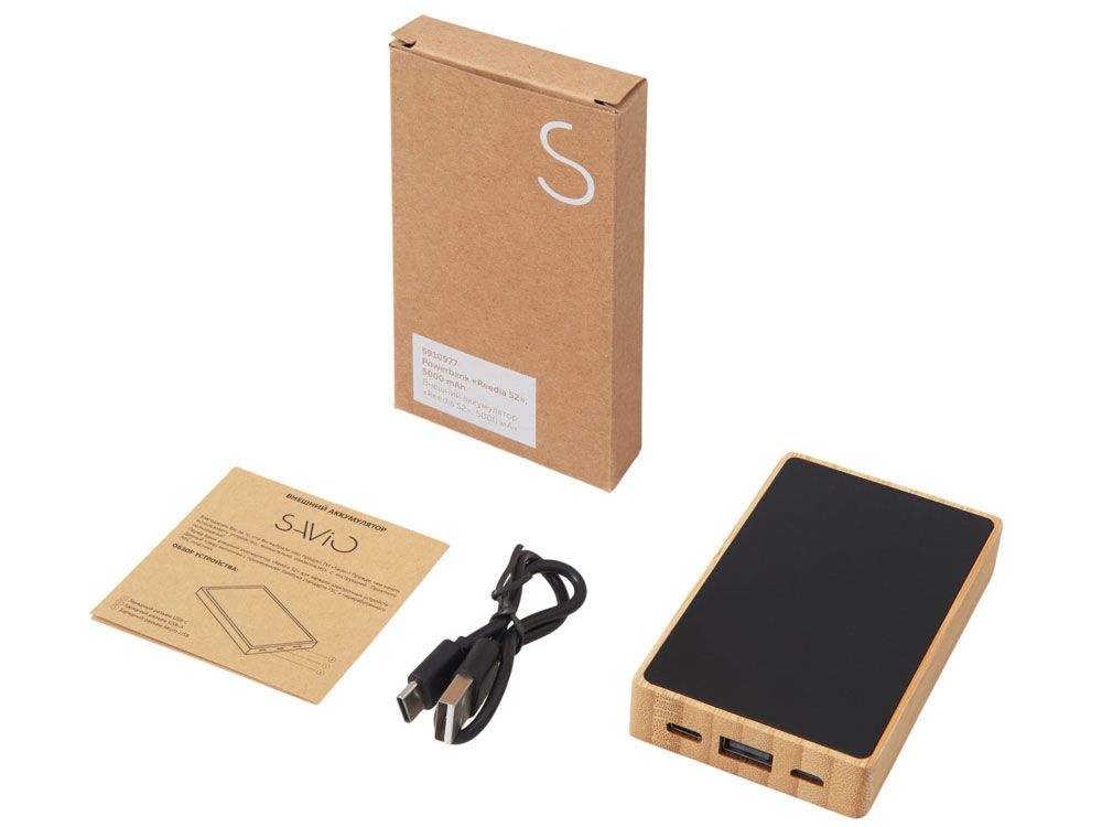 Внешний аккумулятор с подсветкой лого «Reedia S2», 5000 mAh, бамбук, черный