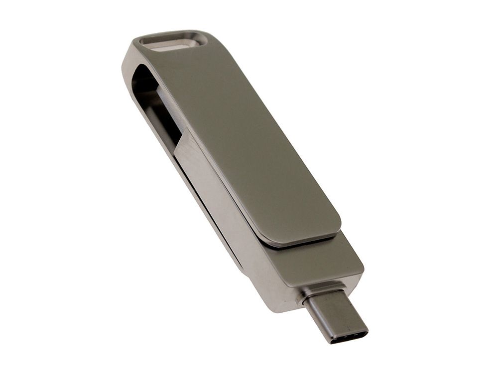 USB 2.0- флешка на 16 Гб поворотный механизм 2 в 1, c дополнительным разъемом Type-C с одноцветным металлическим клипом, серый