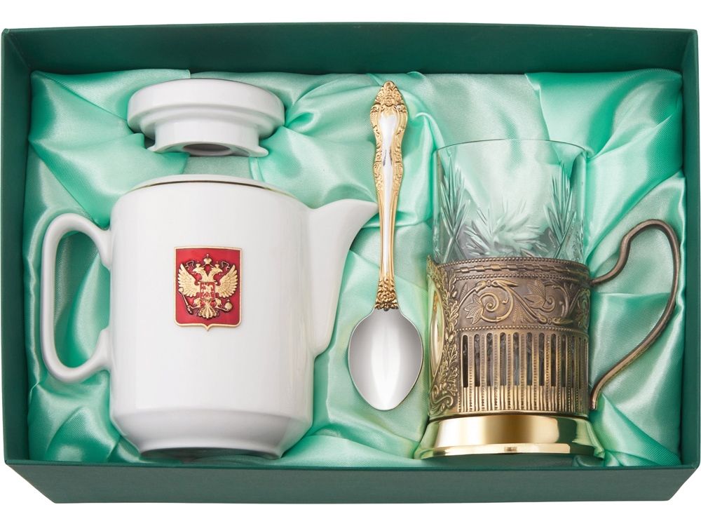 Чайный набор с подстаканником и фарфоровым чайником «ЭГОИСТ-Л», золотистый/белый