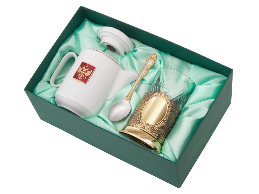 Чайный набор с подстаканником и фарфоровым чайником «ЭГОИСТ-Л», золотистый/белый