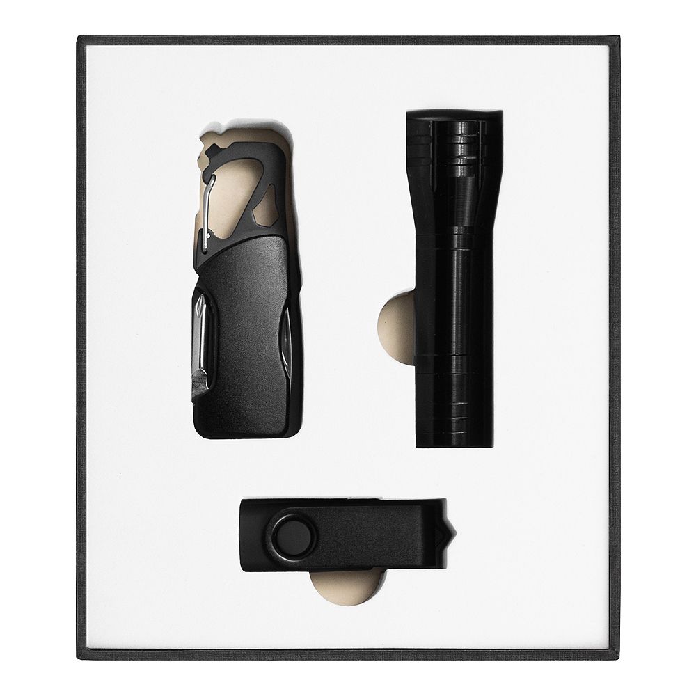 Набор подарочный Solution Superior Trio (флешка USB 2.0 Twister 16GB, пластик Софт Тач/металл, черный/черный, фонарик Tools Luma