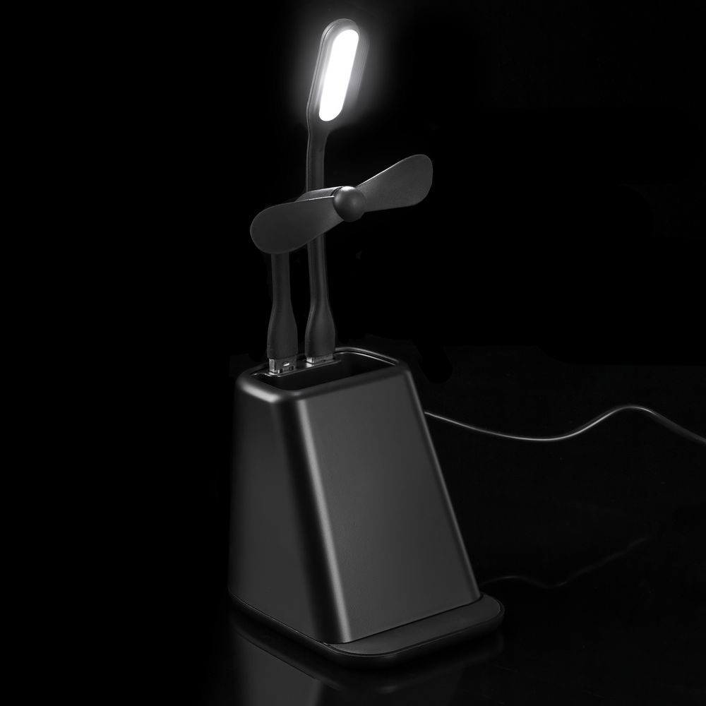 Настольный органайзер с зарядкой, лампой, вентилятором и подсветкой лого powerTower, черный