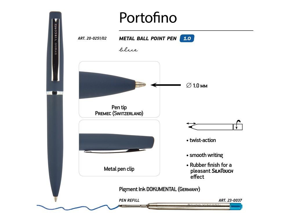 Ручка металлическая шариковая "Portofino", софт-тач, 1.0 мм, синий