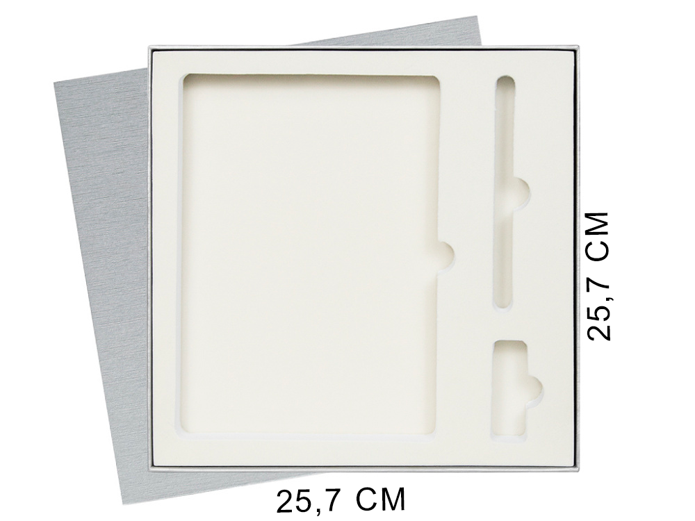 Коробка подарочная Solution Superior Linen под ежедневник, ручку и флешку, серебро, 25,7x25,7 см, бежевый ложемент