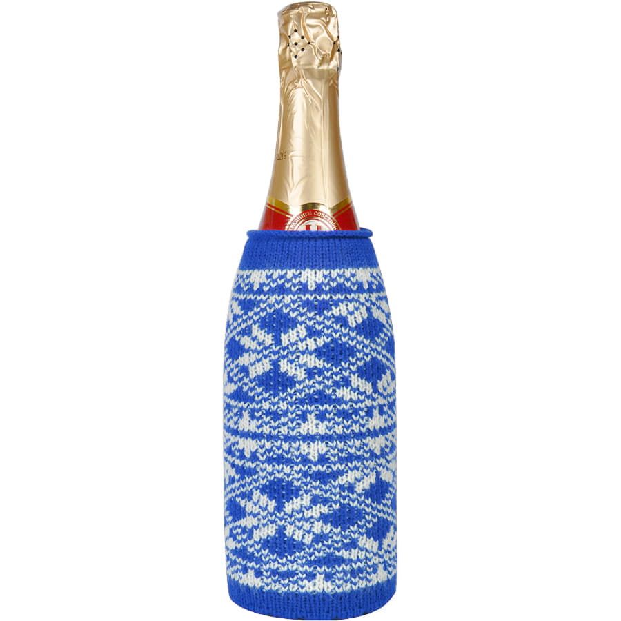 Чехол  вязаный  на бутылку/термос "Зимний орнамент",  синий, акрил,  шеврон